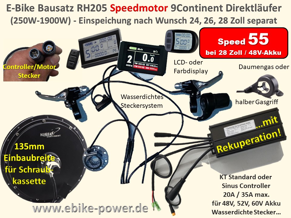 Bild 1 von E-Bike Bausatz 9Continent RH205 Speedmotor mit Schraubkranzaufnahme 350W 500W 750W 1000W 1500W
