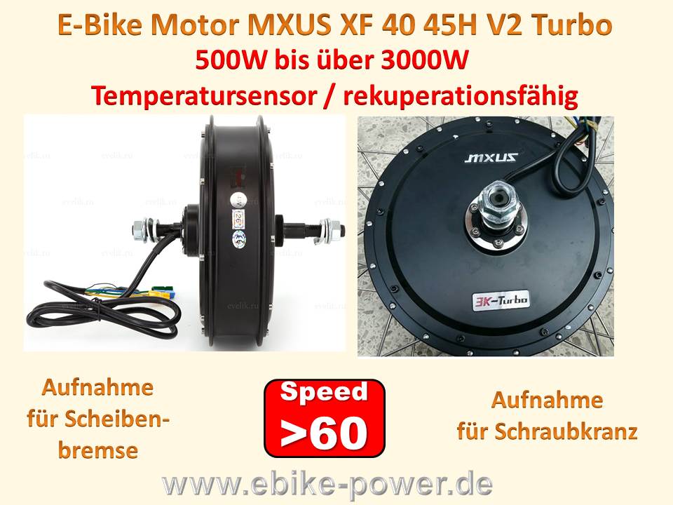 Bild 1 von E-Bike Motor MXUS XF40 45H 3K Turbo  48-96V / >3000W  - m. Schraubkranz- u. Scheibenbremsaufn.