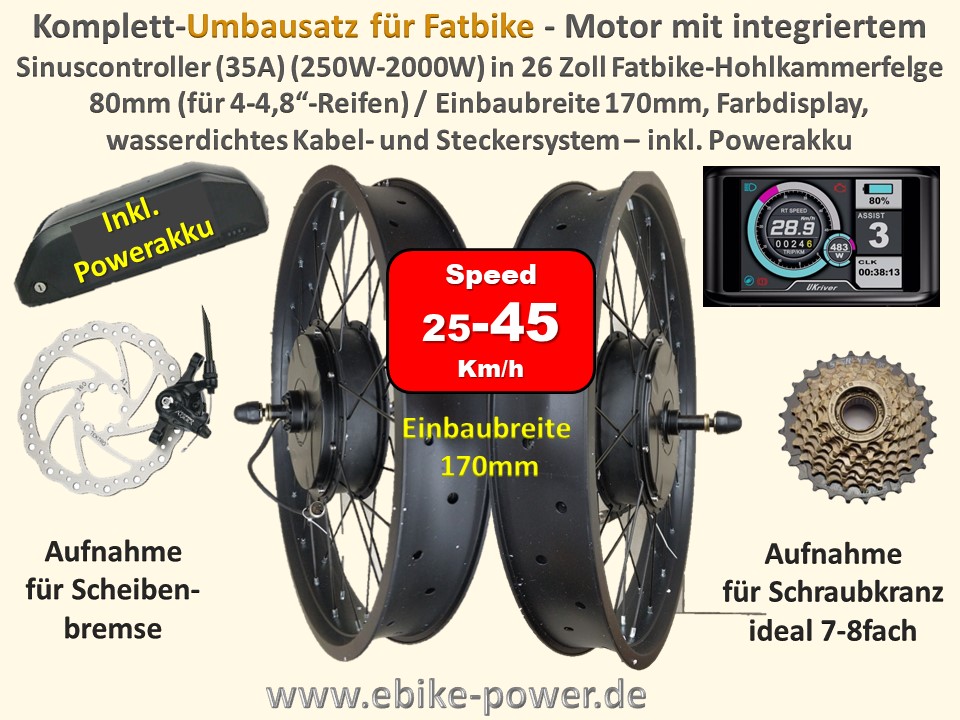 Bild 1 von Komplett E-Bike Umbausatz Fatbike Motor 250-2000W  mit integriert. Controller +TFT Display + Akku+LG  / (Option I) mit 48V/14Ah 672Wh Akku + 3A Ladegerät / (Option II) mit Universal-Bremskontakten (für Hydraulikbremse) + 20€ / (Option III) inkl. halben Gasgriff (empfohlen)