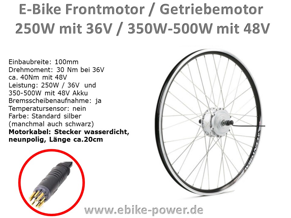 Bild 1 von E-Bike Frontmotor / Getriebemotor 250W / 350W / 500W  / (Variante) in 26 Zoll Hohlkammerfelge schwarz mit Bremsflanke - Standardspeichen