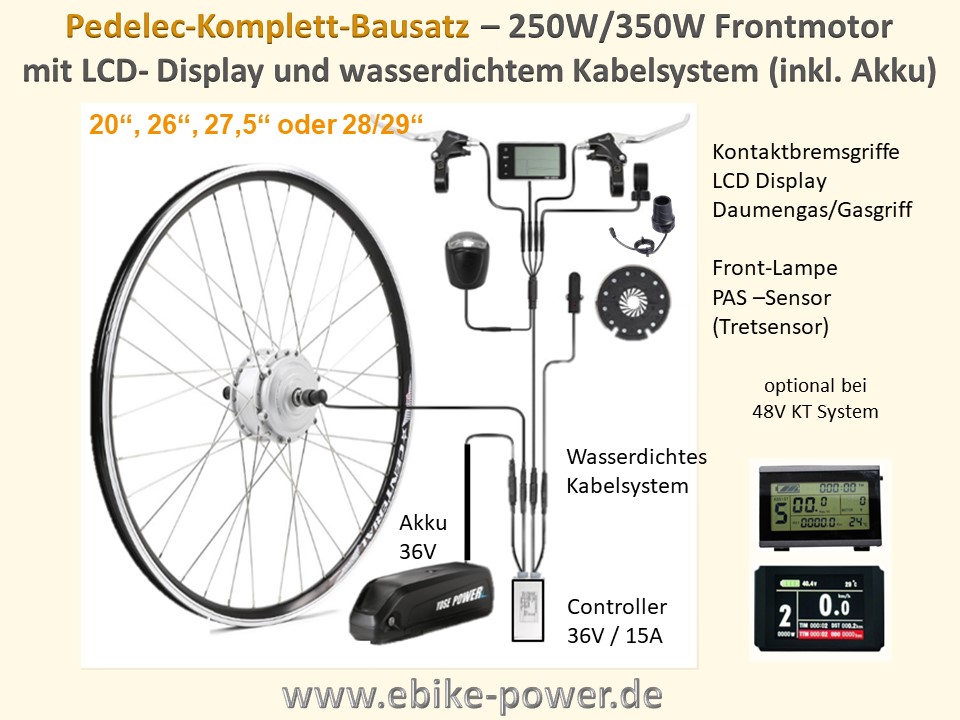 Bild 1 von Komplett-Pedelec-Bausatz 36V 250W/350W Vorderrad,Lishui-System m. LCD-Display + 36V 13Ah Akku + LG  / (Option 1:) 28
