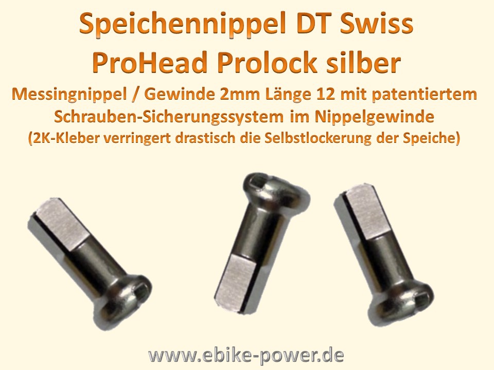 Bild 1 von Speichen DT Swiss / Sapim / Strong   / Nippel  für E-Bike Nabenmotoren  / (Variante) Prolock Messingnippel silber 2,0/10