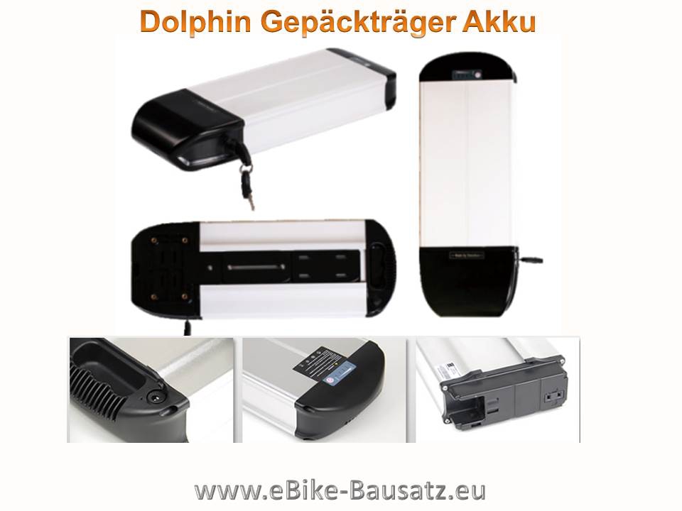 Bild 1 von Gepäckträgerakku Dolphin 48V / 15Ah Lithium Ionen Akku Samsung 18650 / 840Wh  / (Ladeoption) ohne Ladegerät / (Befestigung) inkl. Halteschiene + Kopfstation mit Anschlusskontakt