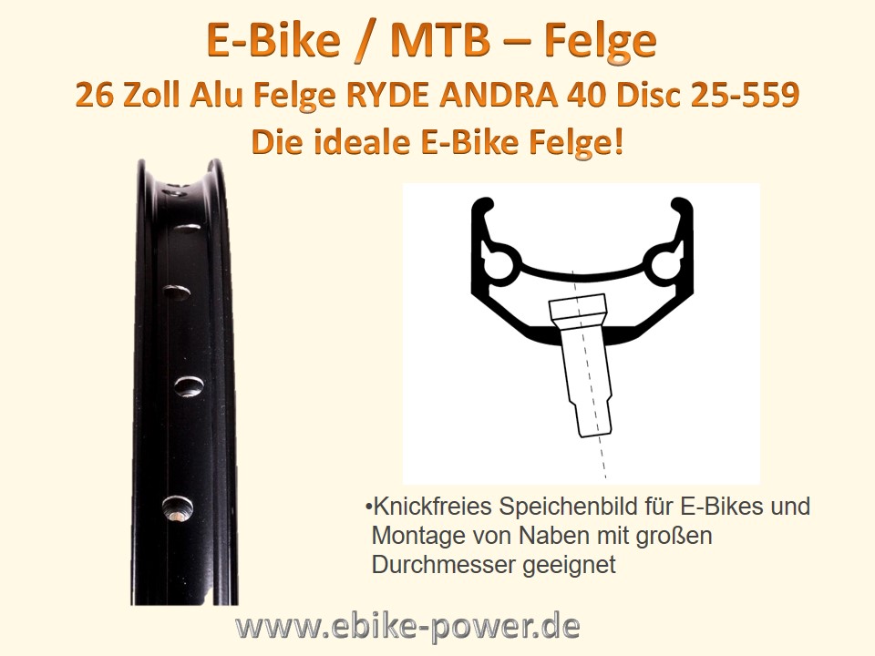 Bild 1 von Alu Felge RYDE ANDRA 40 Felgenring E-Bike Felge 36 Loch - sehr stabil  / (Option) 26 Zoll - mit Bremsflanke