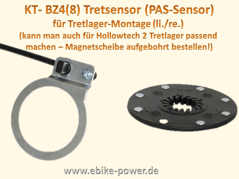 PAS - Sensor KT BZ4(8) - (Tretsensor mit wasserdichtem Stecker) / (Option)  inkl. aufgebohrter Magnetscheibe (Higo Stecker gelb 3 polig) f. Hollowtech2  - ebike-power