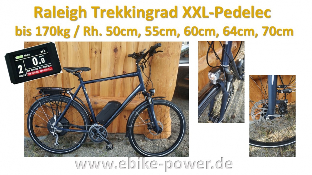 Bild 1 von Raleigh 170kg XXL - Pedelec Trekkingrad,  E-Bike mit kraftvollem  Bergmotor mit Gasgriff  / (Option I) 60cm / Sinuscontroller / Farbdisplay / (Option II) 48V/14Ah Hailong (672Wh) + 3A Ladegerät