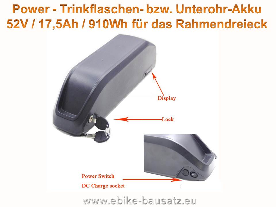 Bild 1 von Hailong - Trinkflaschenakku 52V 17,5Ah / 910Wh E-Bike / Pedelec - Li-Ionen Akku Samsung 18650 35E  / (Ladeoption) inkl. Ladegerät 2A