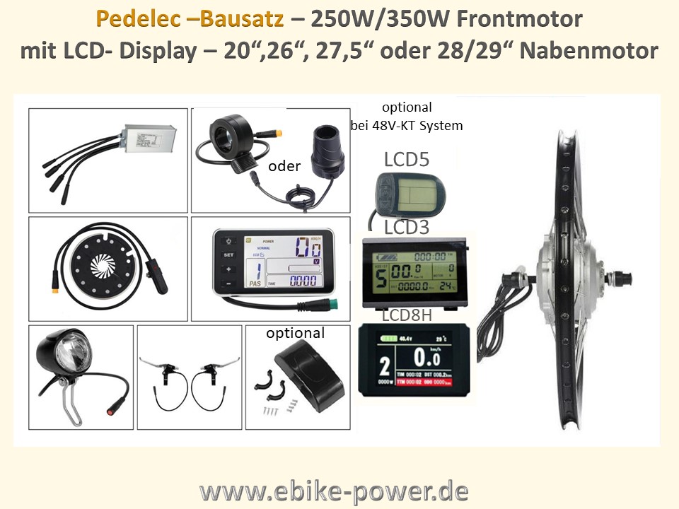 Bild 1 von Pedelec Umbausatz 36V 250W/350W Vorderrad-Nabenmotor in Holkammerfelge, Lishui-System m. LCD Display  / (Option 1:) 28