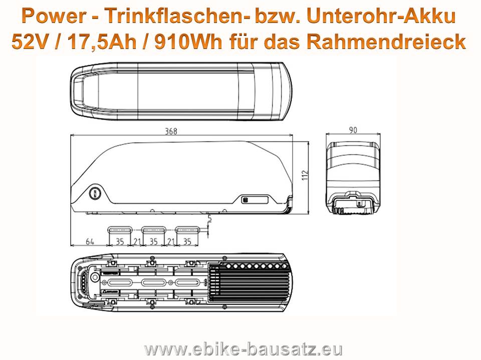 Bild 1 von Hailong - Trinkflaschenakku 52V 17,5Ah / 910Wh E-Bike / Pedelec - Li-Ionen Akku Samsung 18650 35E  / (Ladeoption) inkl. Ladegerät 2A