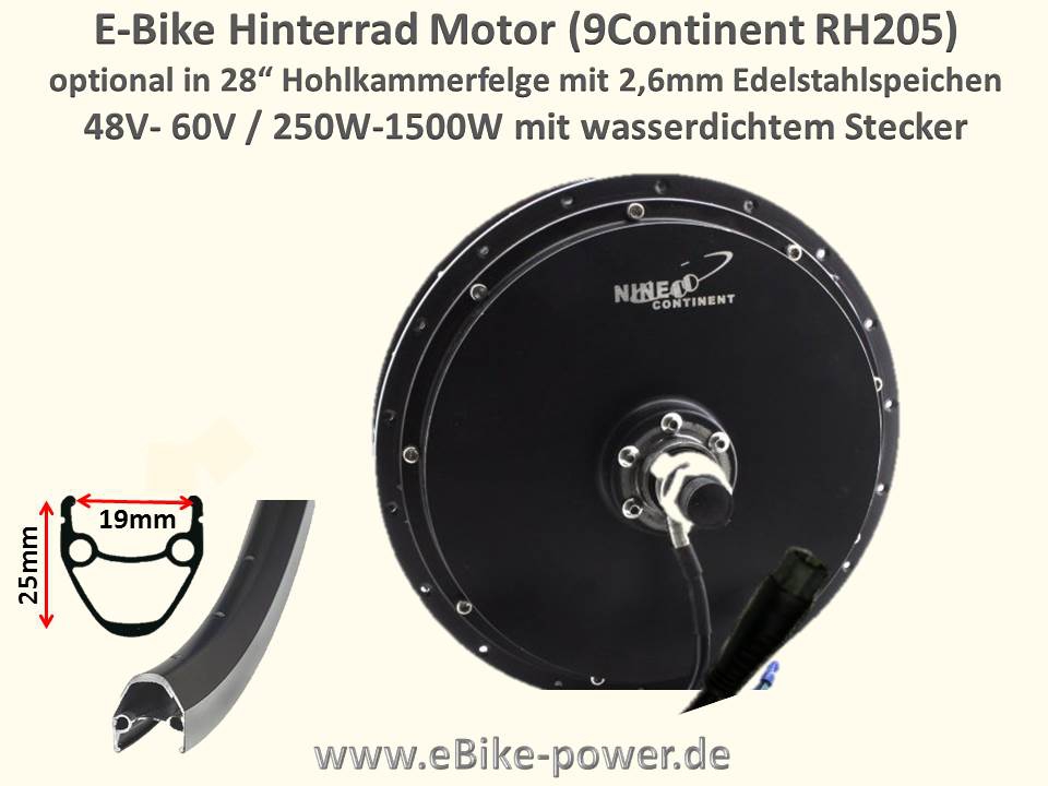 Bild 1 von E-Bike Motor 9Continent Rh205 48V/500W  o. 60V/1000W - m. Schraubkranz- und Scheibenbremaufname  / (Variante) Spezialfelge + Qualitätsspeichen - Art.  1000080500 wählen