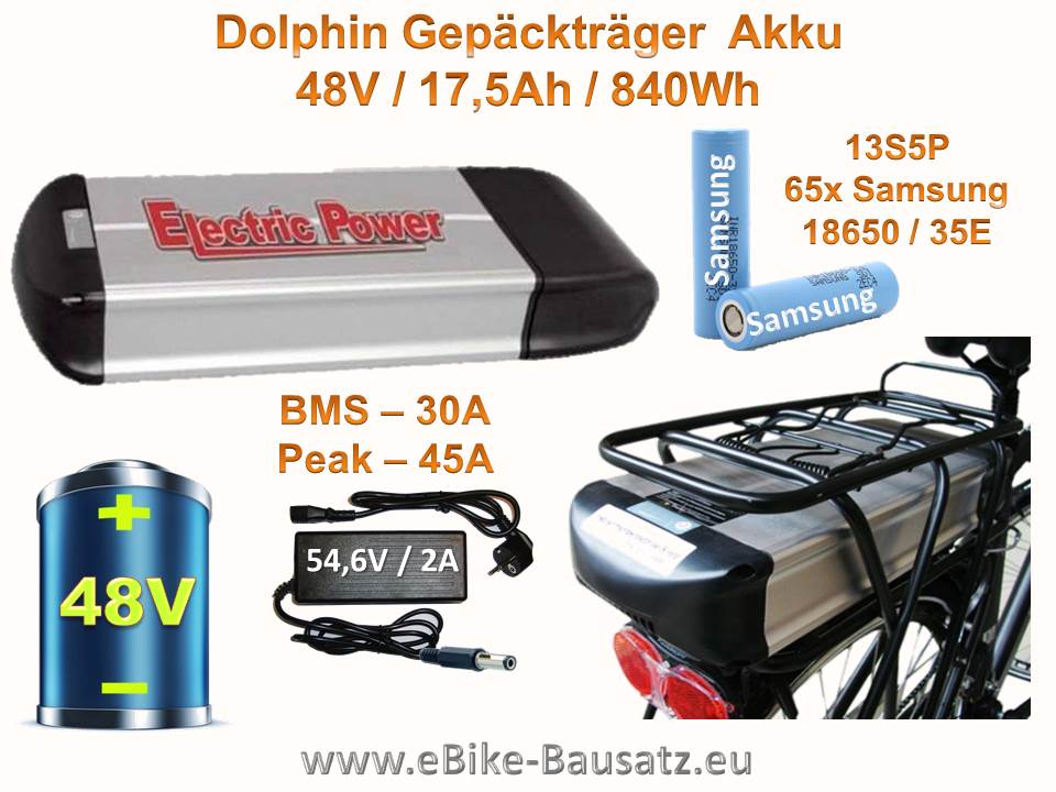 Bild 1 von Gepäckträgerakku Dolphin 48V / 15Ah Lithium Ionen Akku Samsung 18650 / 840Wh  / (Ladeoption) ohne Ladegerät / (Befestigung) inkl. Akku-Gepäckträger + Kopfstation mit Anschlusskontakt