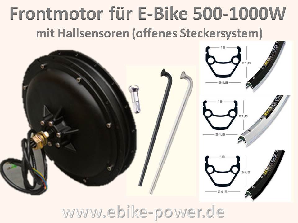 Bild 1 von E-Bike Frontmotor (Brushless) 48V/1000W  o. 36V/500W - mit Scheibenbremsaufnahme  / (Variante) Standardmotor (440U/min bei 48V) Wicklung 10x6 / (Hohlkammerfelge Größe / Farbe:) 26 Zoll silber mit Bremsflanke / (Speichen) DT Swiss Alpine II silber