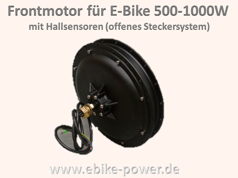 Bild 1 von E-Bike Frontmotor (Brushless) 48V/1000W  o. 36V/500W - mit Scheibenbremsaufnahme  / (Variante) Standardmotor (440U/min bei 48V) Wicklung 10x6 / (Hohlkammerfelge Größe / Farbe:) 28 Zoll schwarz mit Bremsflanke / (Speichen) DT Swiss Alpine II schwarz