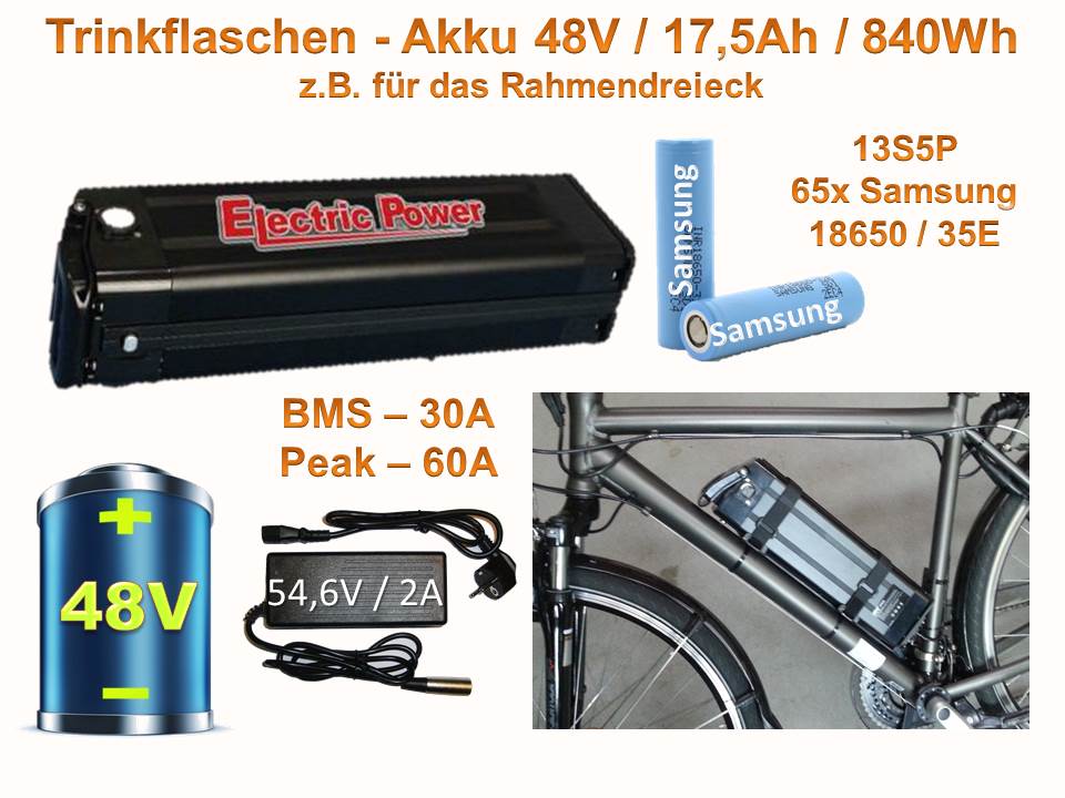 Bild 1 von Trinkflaschenakku 48V 17,5Ah für E-Bike / Pedelec - Lithium Ionen Akku Samsung 18650 / 840Wh