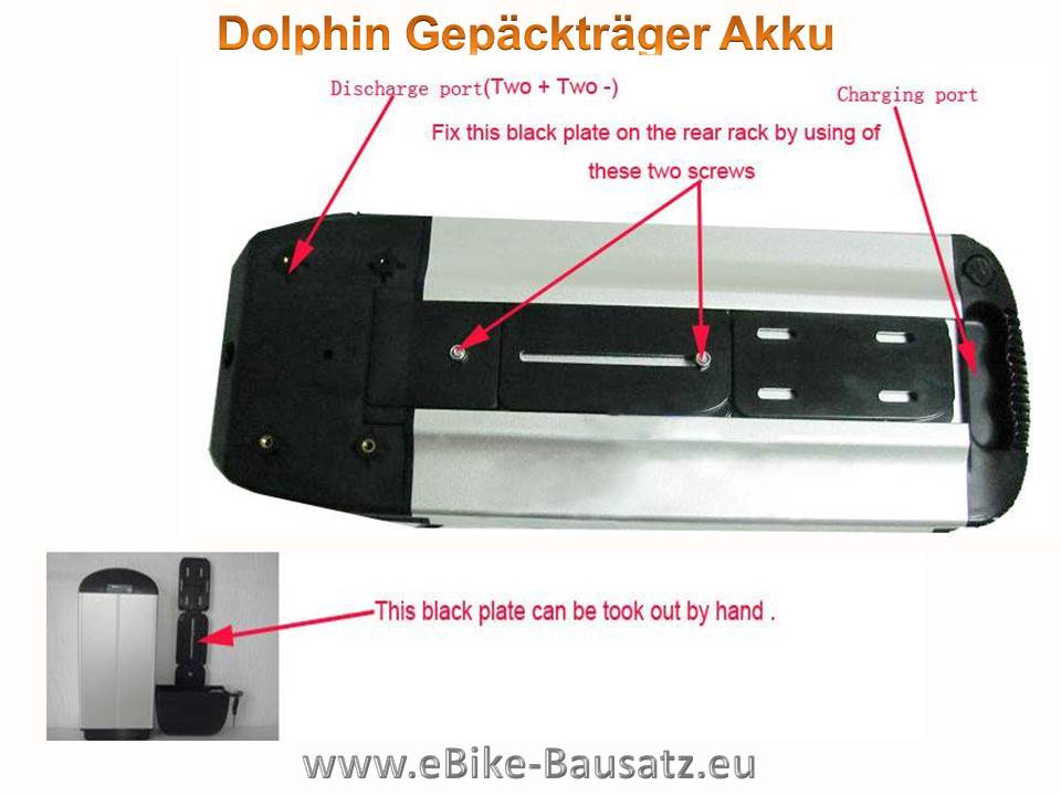 Bild 1 von Gepäckträgerakku Dolphin 48V / 15Ah Lithium Ionen Akku Samsung 18650 / 840Wh  / (Ladeoption) ohne Ladegerät / (Befestigung) inkl. Halteschiene + Kopfstation mit Anschlusskontakt