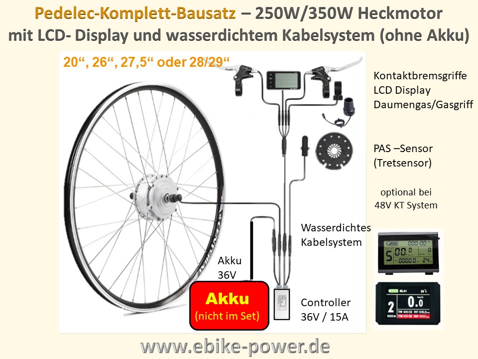 Pedelec Umbausatz 36V 250W/350W Hinterrad-Nabenmotor in Holkammerfelge,  Lishui-System m. LCD Display / (Option 1:) 28 Felge schwarz mit  Bremsflanke /