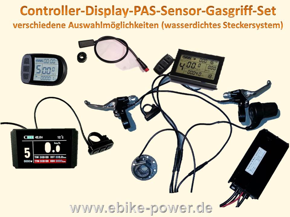 Bild 1 von KT Controller-Set (Controller /Display/PAS/Sensor/Gasgriff) Controllerset  / (Option I) mit LCD3 24-48V (groß) / (Option II) mit KT Sinus Controller 36V-48V / 10A/20A (max) - wasserdichte Stecker / (Option III) mit Universalbremskontakten, mit Masterkabel 95cm, Gasgriff, PAS-Sensor