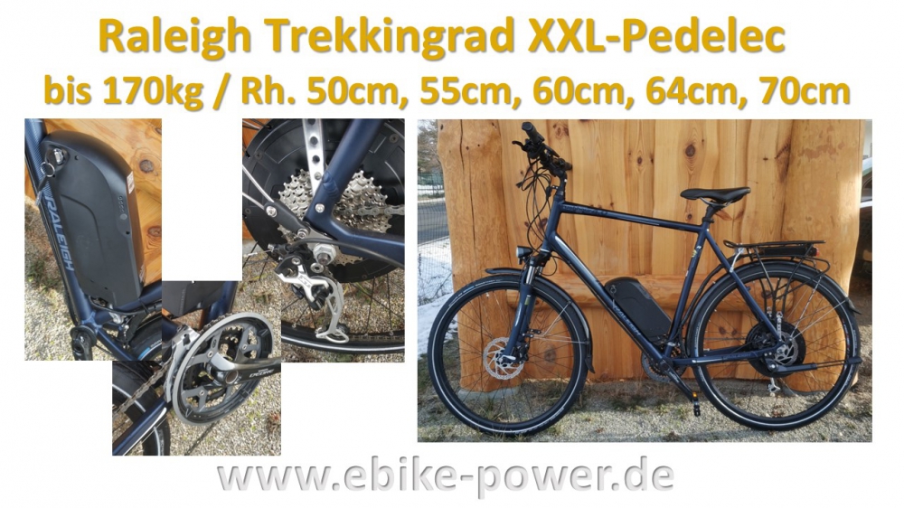 Bild 1 von Raleigh 170kg XXL - Pedelec Trekkingrad,  E-Bike mit kraftvollem  Bergmotor mit Gasgriff  / (Option I) 55cm / Sinuscontroller / Farbdisplay / (Option II) 48V/17,5Ah Dolphin III  (840Wh) + 3A Ladegerät