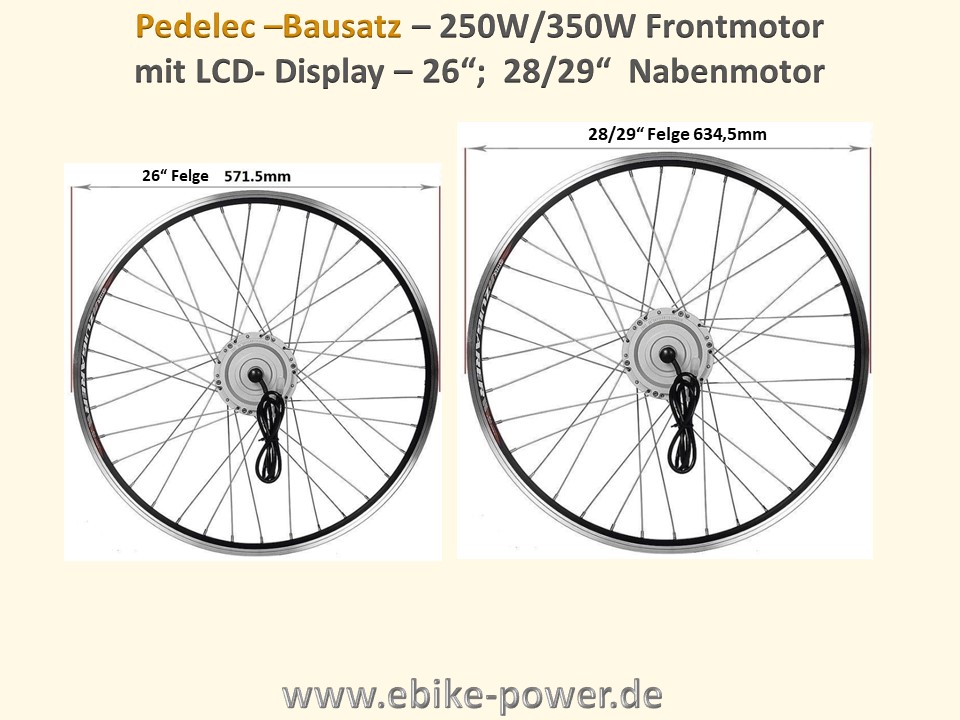 Bild 1 von Pedelec Umbausatz 36V 250W/350W Vorderrad-Nabenmotor in Holkammerfelge, Lishui-System m. LCD Display