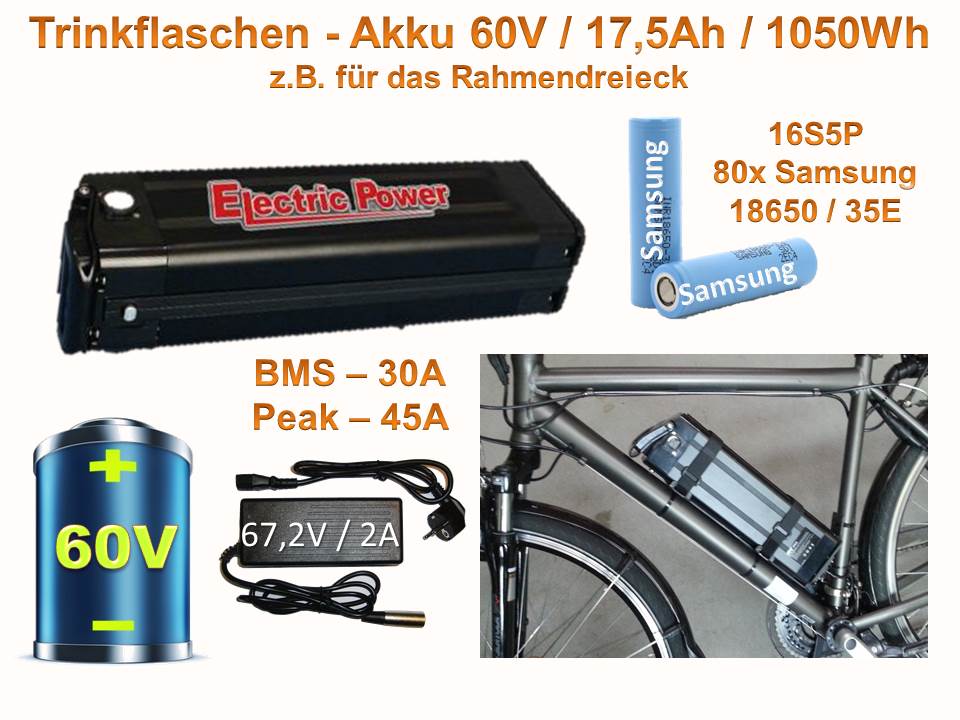 Bild 1 von Trinkflaschenakku 60V 17,5Ah für E-Bike / Pedelec - Lithium Ionen Akku Samsung 18650 / 1050Wh