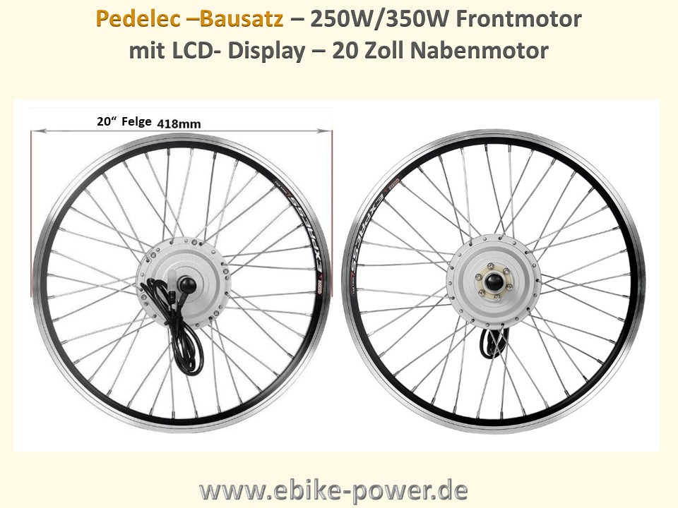 Bild 1 von Pedelec Umbausatz 36V 250W/350W Vorderrad-Nabenmotor in Holkammerfelge, Lishui-System m. LCD Display  / (Option 1:) 20