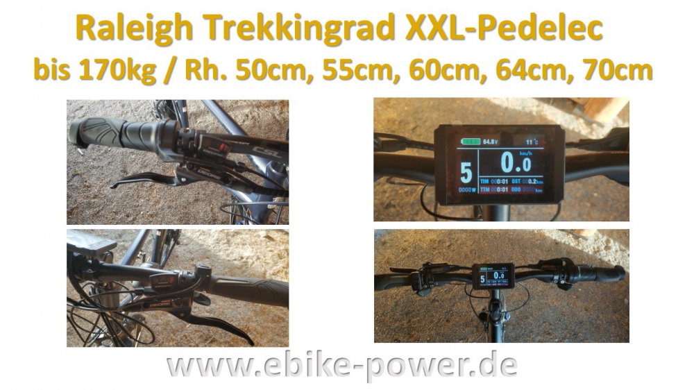 Bild 1 von Raleigh 170kg XXL - Pedelec Trekkingrad,  E-Bike mit kraftvollem  Bergmotor mit Gasgriff  / (Option I) 50cm / Sinuscontroller / Farbdisplay / (Option II) 48V/14Ah Hailong (672Wh) + 3A Ladegerät
