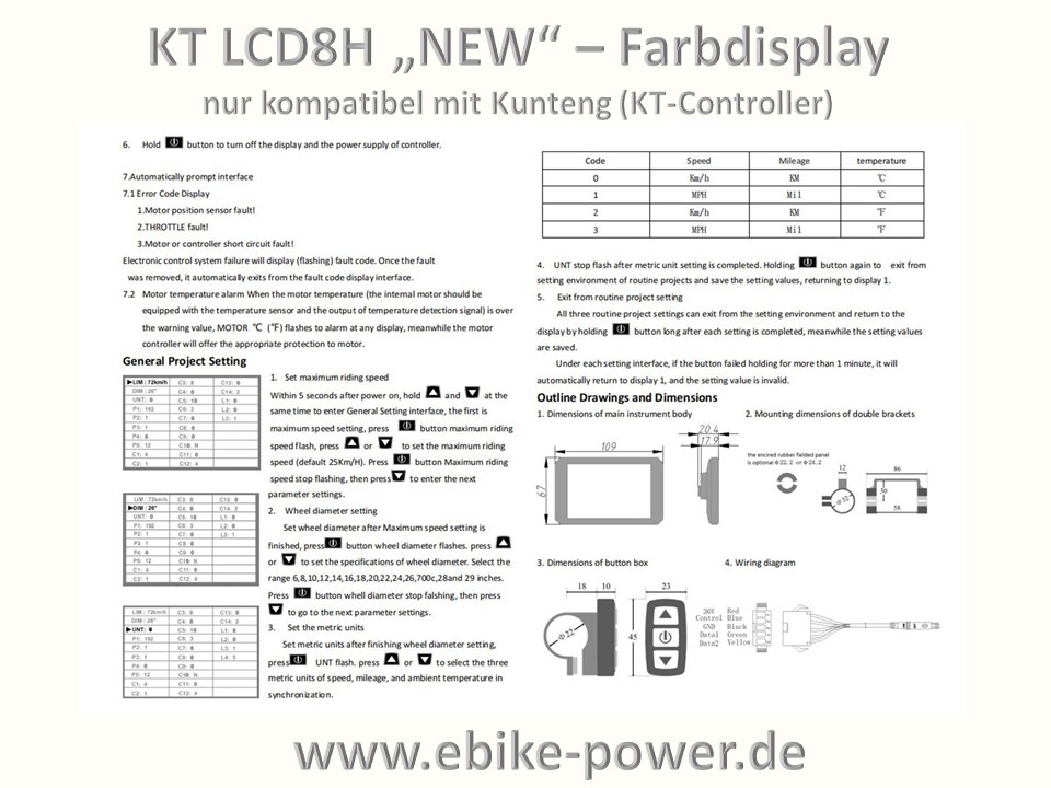 Bild 1 von KT LCD8H -NEW-  Farbdisplay mit wassergeschütztem Stecker (LCD 8H Kunteng)  / (Option)  48V / 52V / 60V