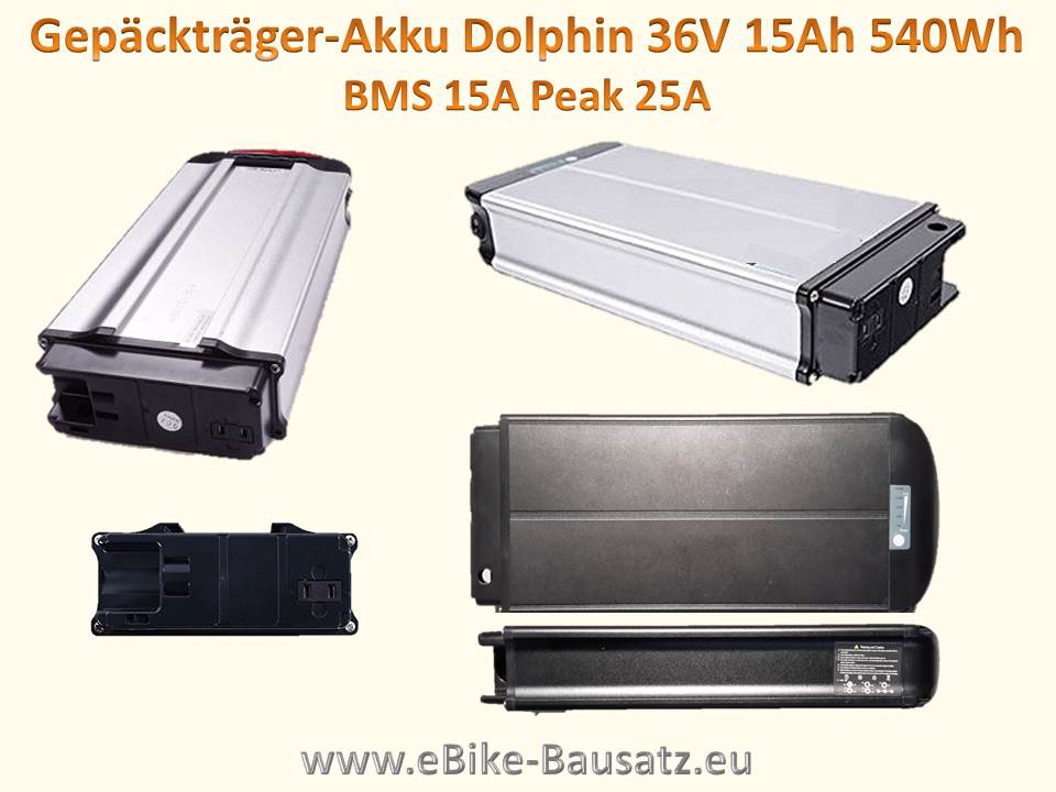 Bild 1 von Gepäckträgerakku Dolphin 36V  / 37V 12,5Ah für eBike / Pedelec - Lithium Ionen Akku / Fahrradakku  / (Ladeoption:) ohne Ladegerät / (Halterung:) inkl. Akku-Gepäckträger + Kopfstation mit Anschlusskontakt