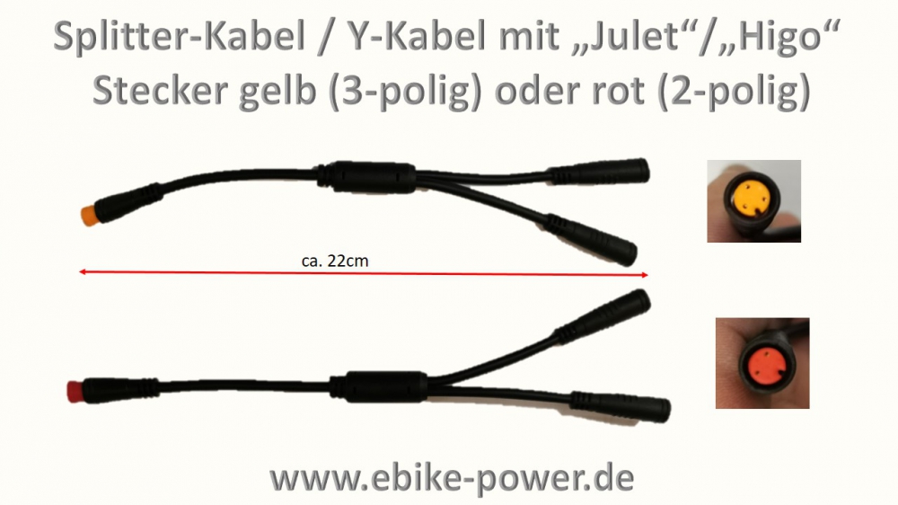Kabel Splitter Y Kabel m. Julet Higo Stecker z.B. fur Bosch Magura Kunteng Bafang E Bike etc. Variante gelb bzw. orange 3 polig