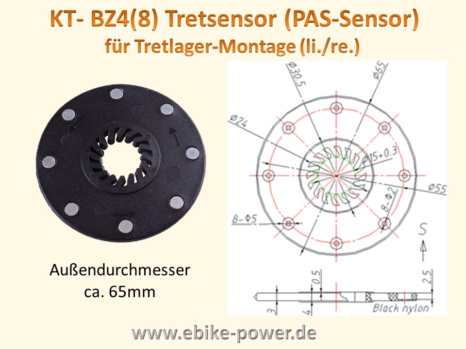 PAS - Sensor KT BZ4(8) - (Tretsensor mit wasserdichtem Stecker) / (Option)  inkl. aufgebohrter Magnetscheibe (Higo Stecker gelb 3 polig) f. Hollowtech2  - ebike-power
