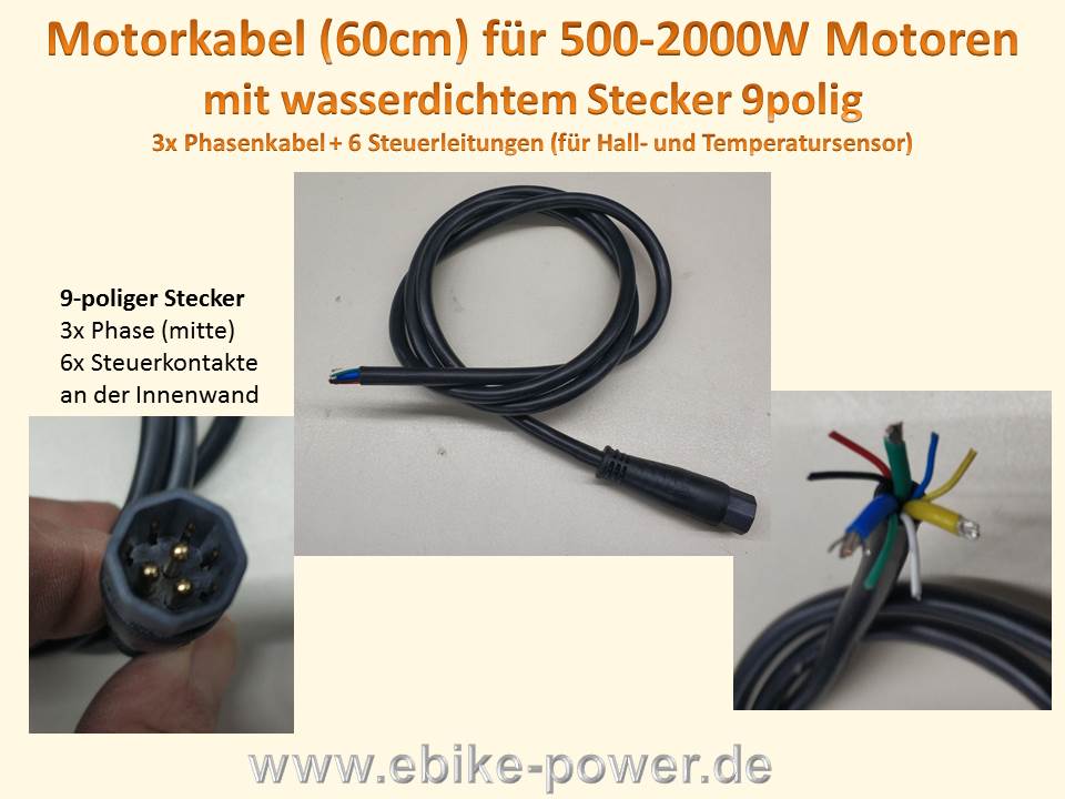 Bild 1 von Motorkabel 9polig mit wasserdichtem Stecker für 500W - 2000W / Motor-Kabel  / (Länge) 100cm