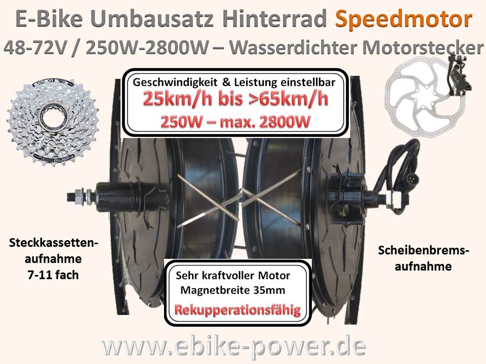 Bild 1 von E-Bike Umbausatz AYW (15x4) Super-Speedmotor 250W-2800W einstellb. f. Scheibenbremse & Steckkassette  / (Option 1:) 40A Sinus-Controller (48-60V)  +49,90€ / (Option 2:) LCD3 Display  48-60V (groß + 29,90€) / (Option 3:) mit Kontaktbremsgriffe (+10€) / (Option 4:) OHNE Gasgriff