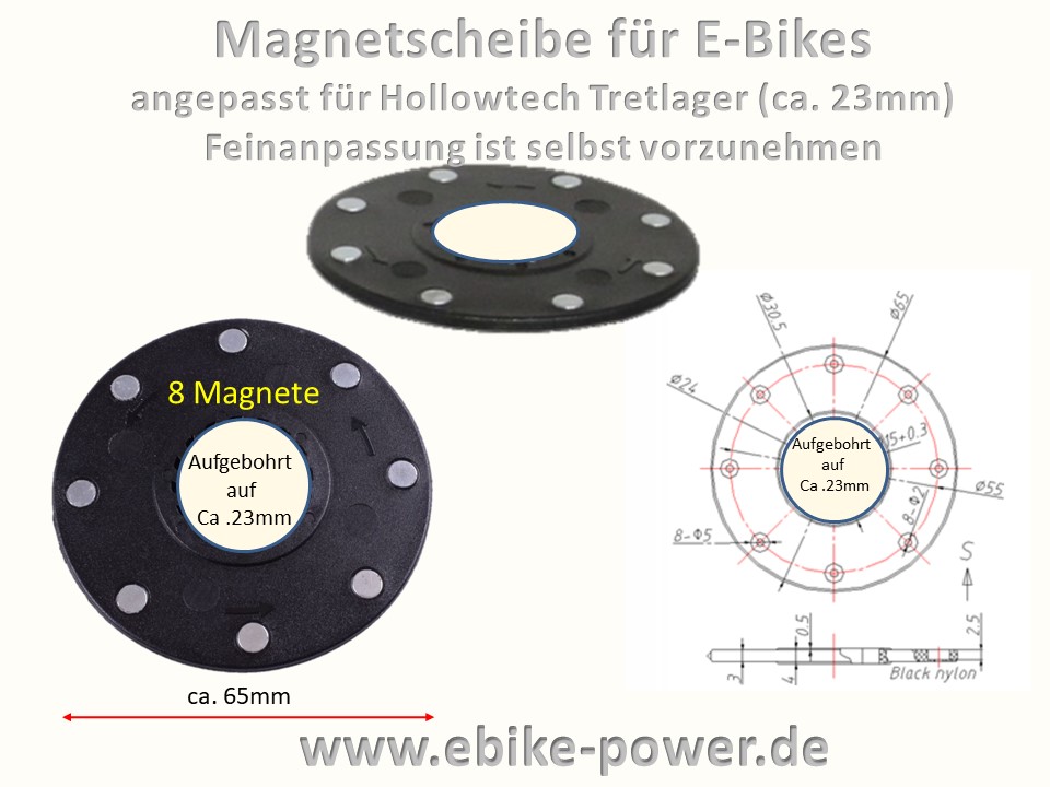 Bild 1 von Magnetscheibe für Pedelec PAS Sensor (Universal / Hollowtech)  / (Variante) mit 8 Magneten (aufgebohrt für Hollowtech-Tretlager - ca. 23mm) Feinanpassung selbst vornehmen!
