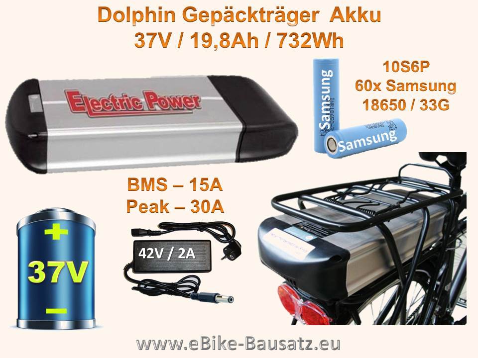 Bild 1 von Gepäckträgerakku Dolphin 36V /20Ah Lithium Ionen Akku / 720Wh  / (Variante) mit Ladegerät 2A / (Befestigung) inkl. Akku-Gepäckträger + Kopfstation mit Anschlusskontakt