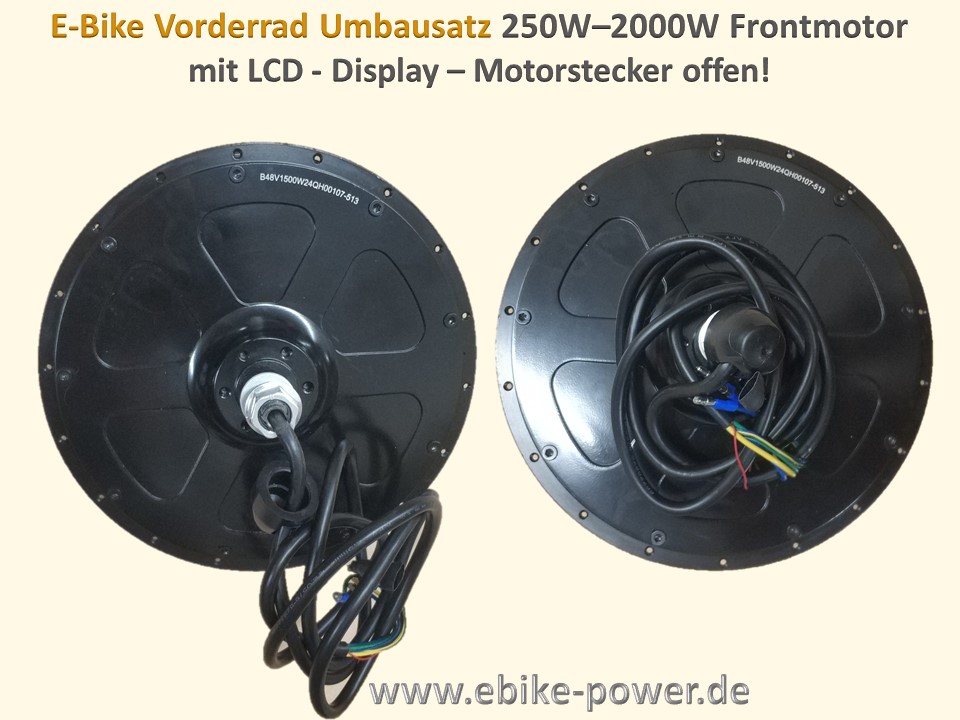 Bild 1 von E-Bike Umbausatz Frontmotor AYW 11x6 Standardmotor 250W - 2000W einstellbar (für Scheibenbremse)  / (Option 1:) 40A Sinus-Controller m. Lichtausgang (48-60V)  +49,90€ / (Option 2:) LCD3 Display  48-60V (groß + 29,90€) / (Option 3:) mit Kontaktbremsgriffe (+10€) / (Option 4:) OHNE Gasgriff