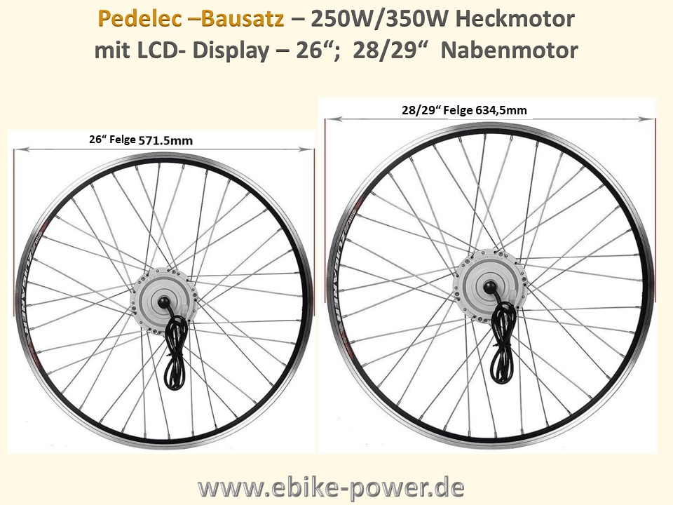 Bild 1 von Pedelec Umbausatz 36V 250W/350W Hinterrad-Nabenmotor in Holkammerfelge, Lishui-System m. LCD Display  / (Option 1:) 28