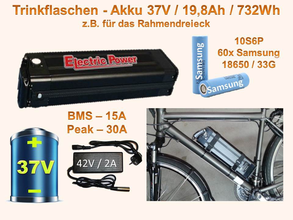 Bild 1 von Trinkflaschenakku 36V / 10,4Ah für E-Bike / Pedelec - Lithium Ionen Akku Samsung 18650 Aldi Prophete