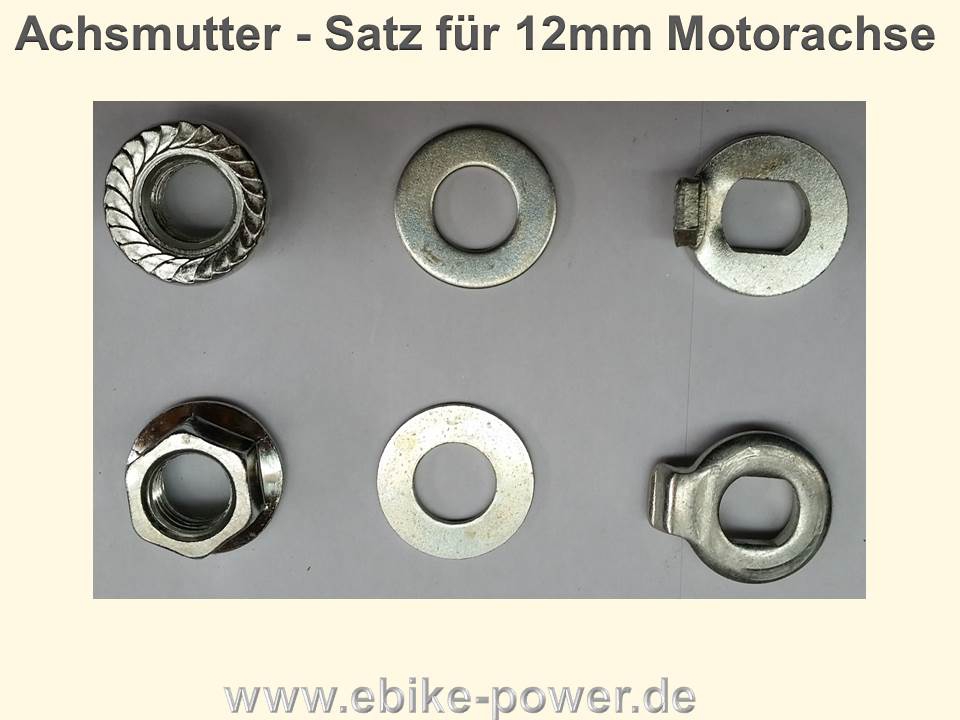 Bild 1 von Achsmutter für E-Bike Motorachse / Mutter für Achse (Bafang, 9Continent, AEG, Prophete,  Aldi etc.)  / (Variante) Set - je 1x  M12x1,25 Stahl verzinkt mit U-Scheibe und Nasenscheibe