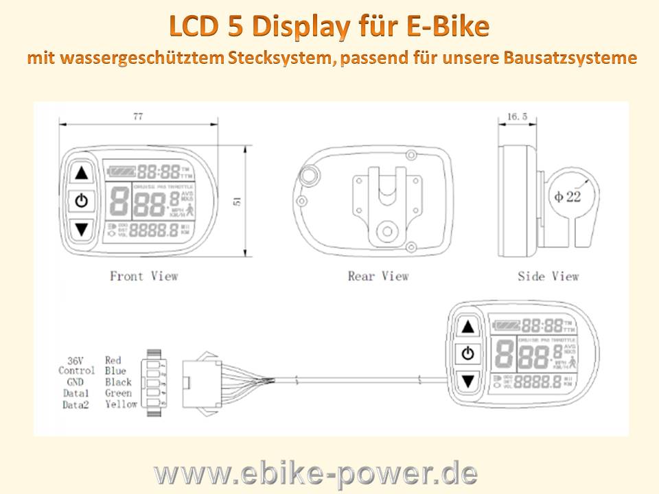 Bild 1 von KT LCD 5 Display mit wassergeschütztem Stecker (LCD5 Kunteng)  / (Variante) Betriebsspannung 60V