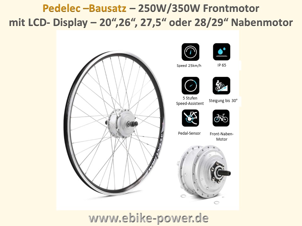 Bild 1 von Pedelec Umbausatz 36V 250W/350W Vorderrad-Nabenmotor in Holkammerfelge, Lishui-System m. LCD Display  / (Option 1:) 28