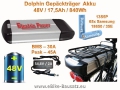 Bild 1 von Gepäckträgerakku Dolphin 48V / 15Ah Lithium Ionen Akku Samsung 18650 / 840Wh  / (Ladeoption) ohne Ladegerät / (Befestigung) inkl. Akku-Gepäckträger + Kopfstation mit Anschlusskontakt